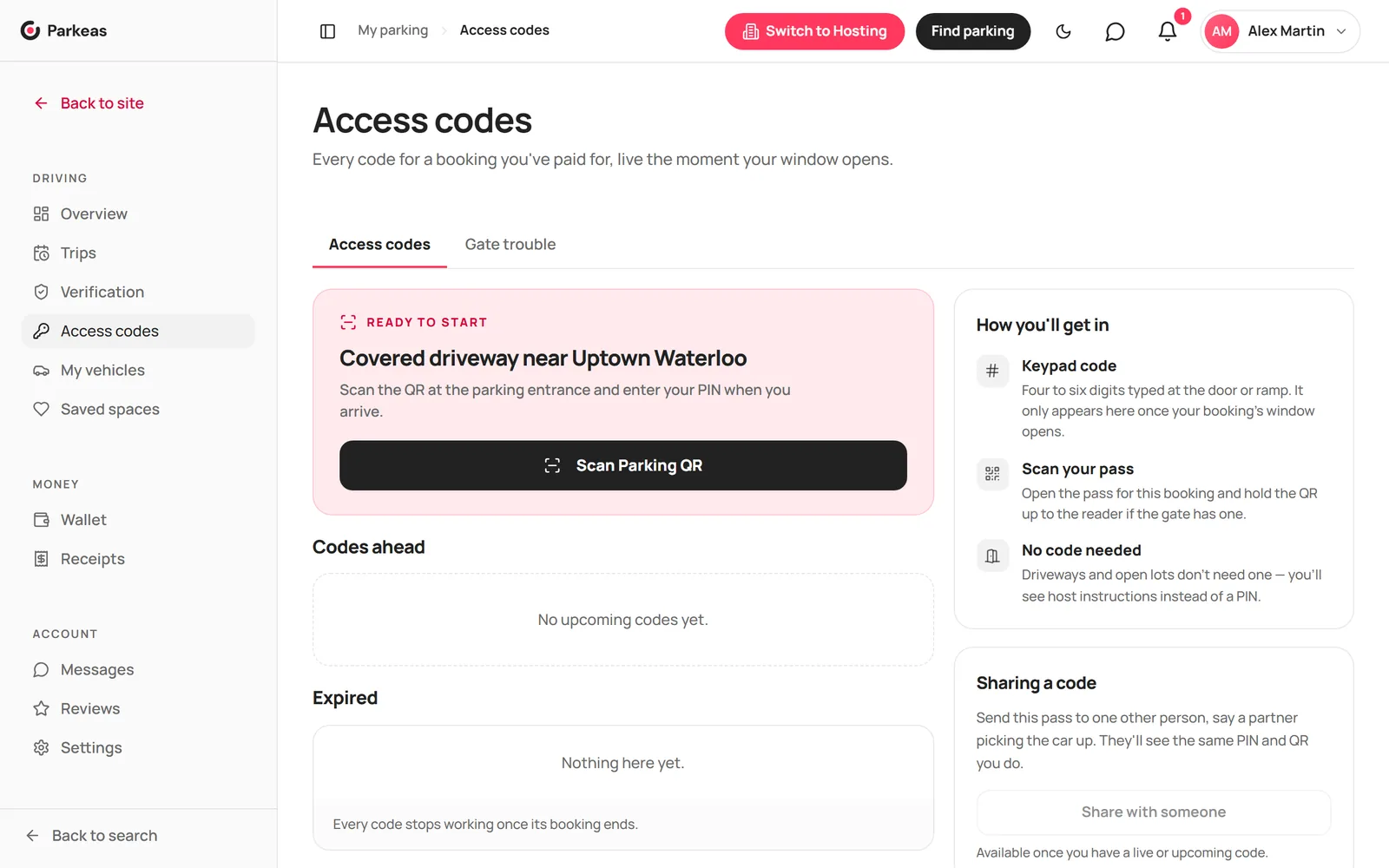 The Access codes page with upcoming codes