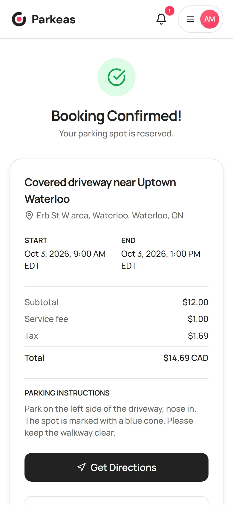 The Booking Confirmed page with the access PIN and QR code
