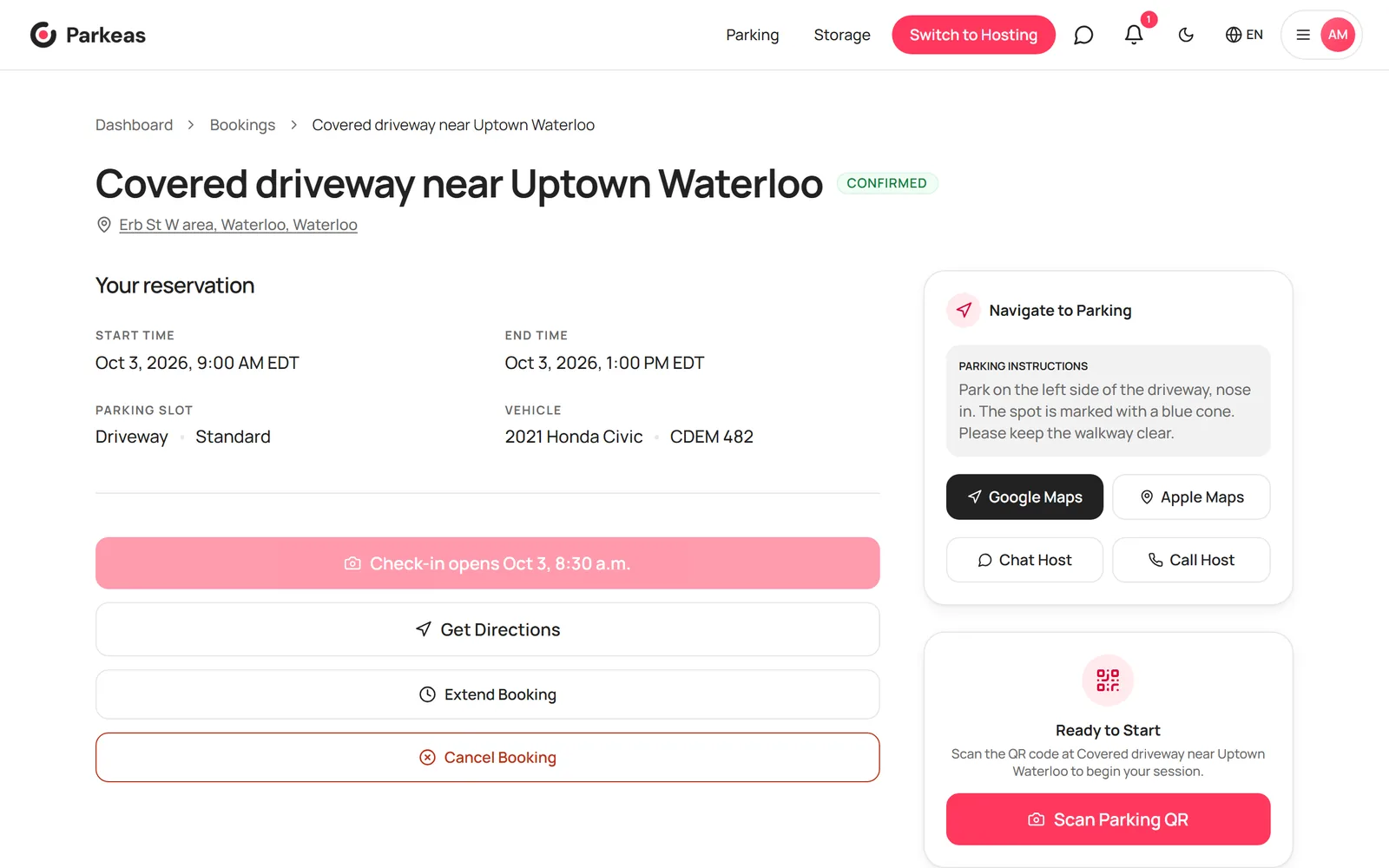 A booking page with the reservation details and parking instructions