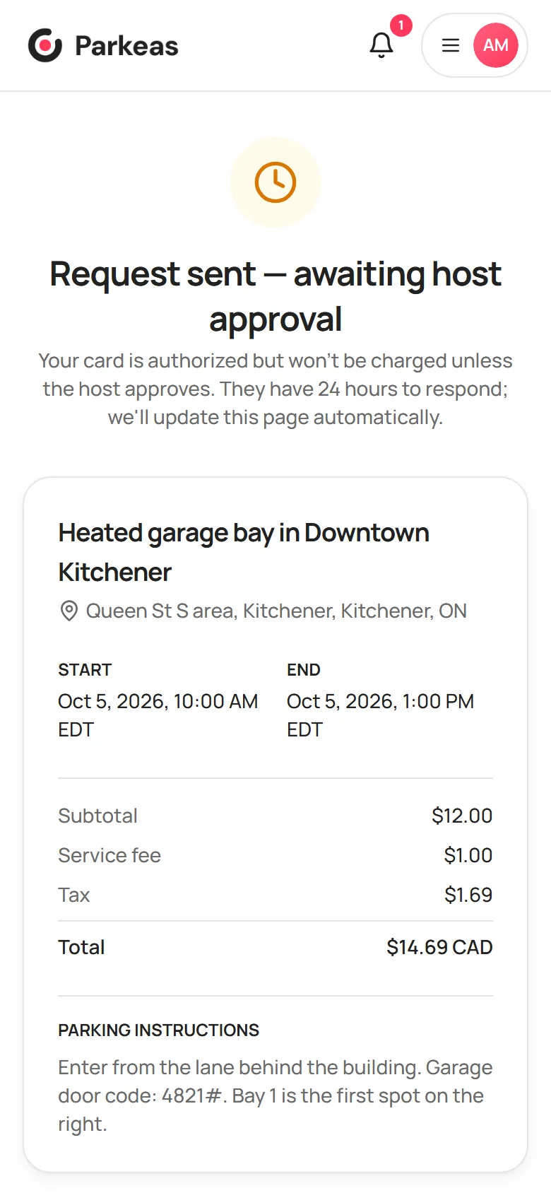 The Request sent, awaiting host approval page