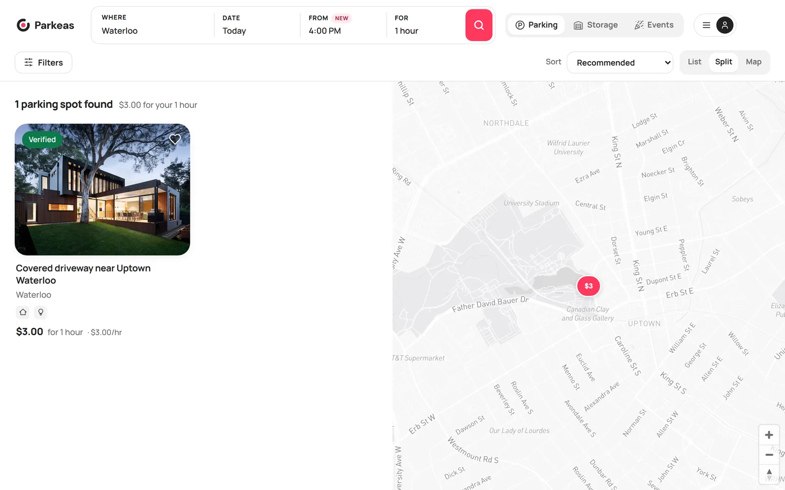 Search results in split view with the list on the left and the map on the right