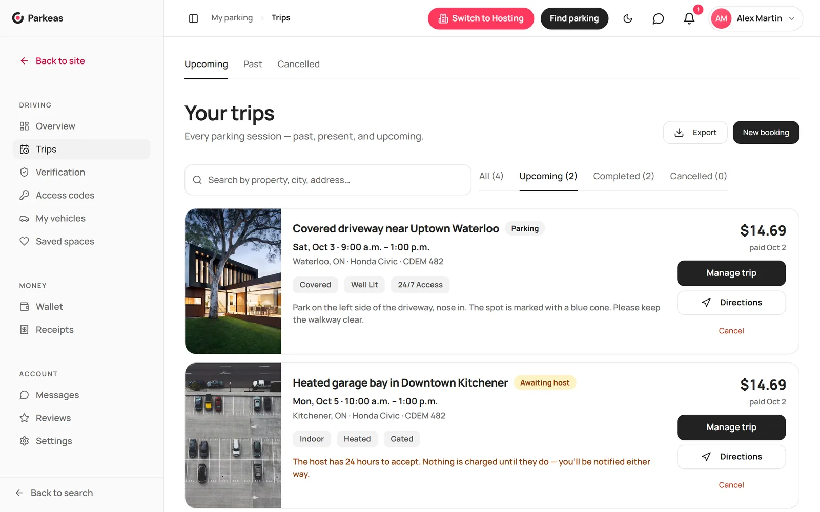 The Trips page with upcoming bookings