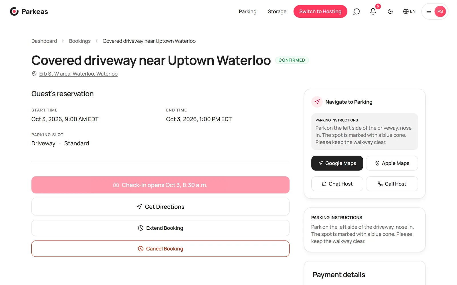 The Parking Access card on a booking with the PIN hidden