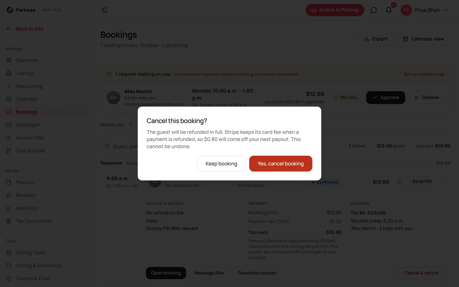 The Cancel this booking dialog showing the fee that comes off your next payout