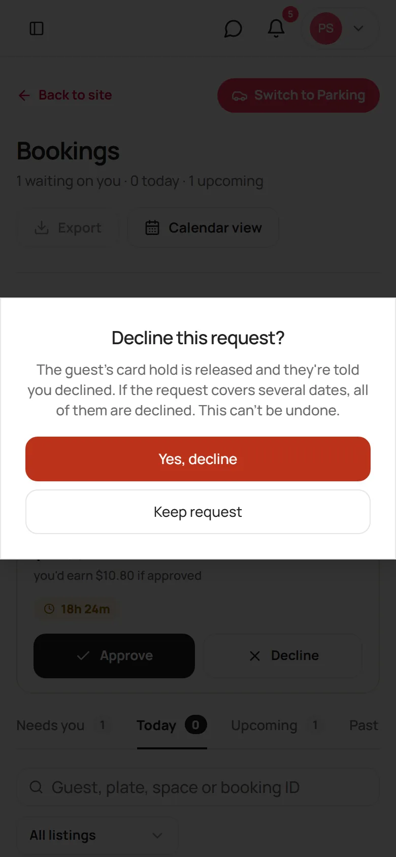 The Decline this request dialog with Keep request and Yes, decline buttons