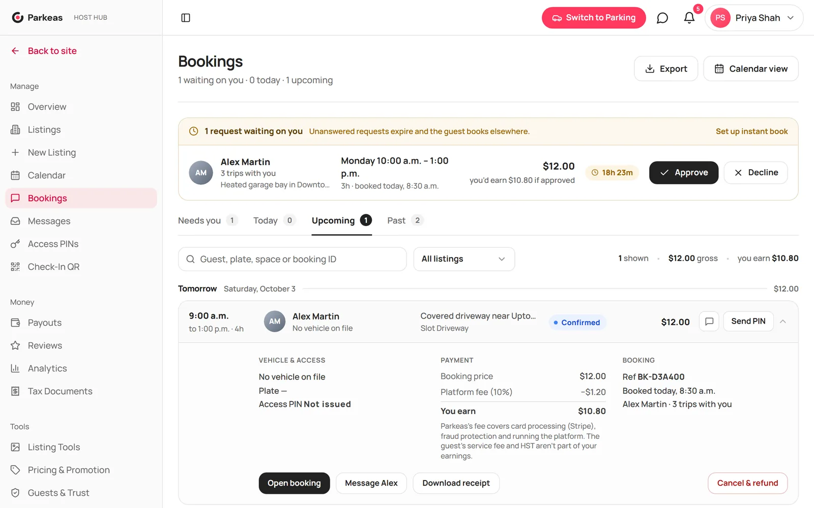An expanded booking showing the booking price, platform fee and what you earn