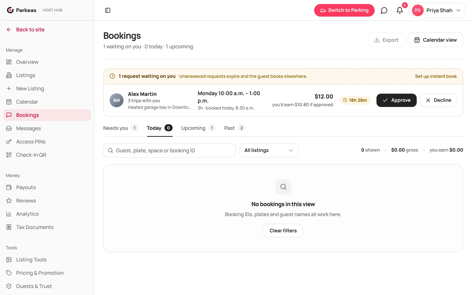 A booking request on the Bookings page with Approve and Decline buttons