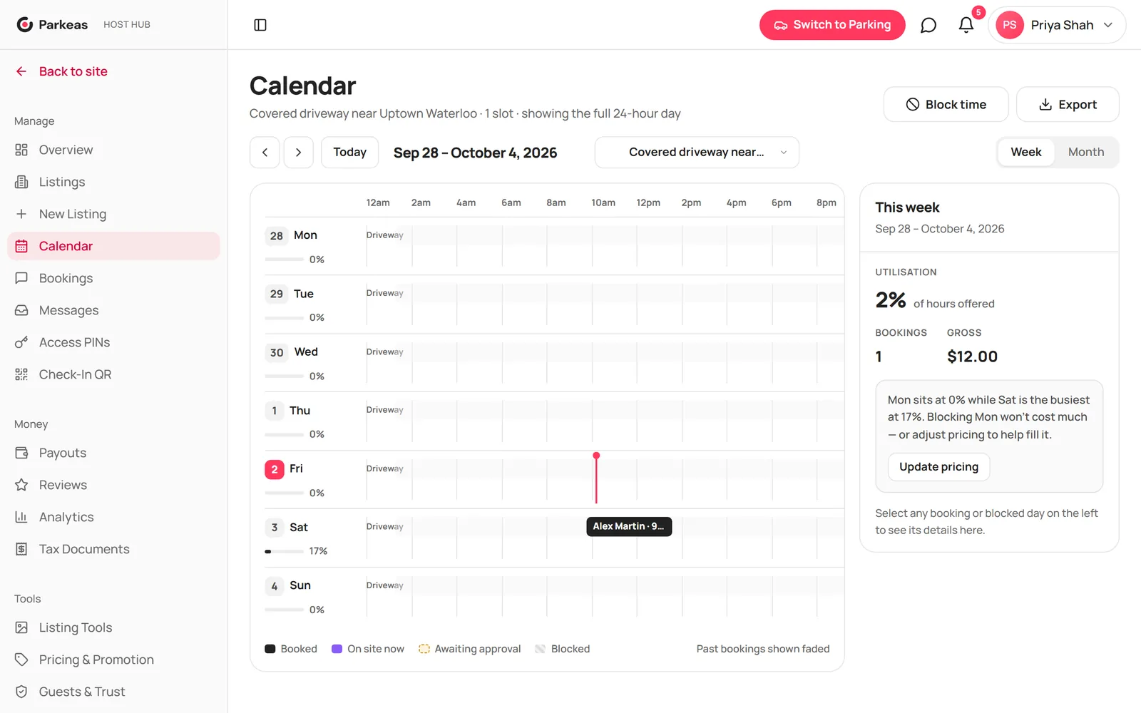 The host calendar in week view with bookings shown by slot