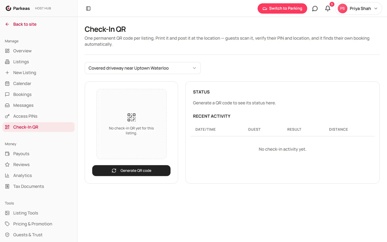 The Check-In QR page with a newly generated code and download buttons