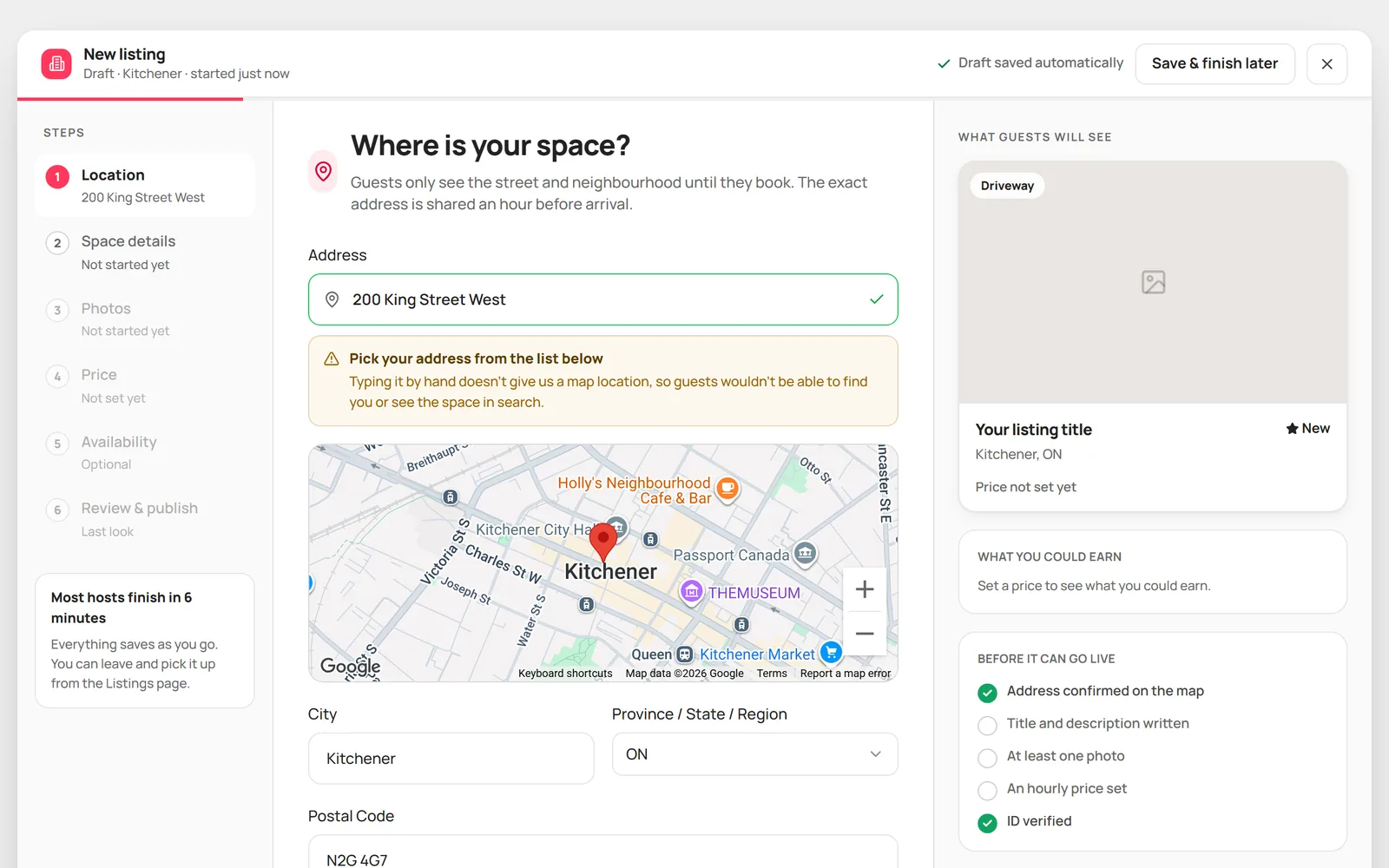 The Location step with an address picked and the map preview showing