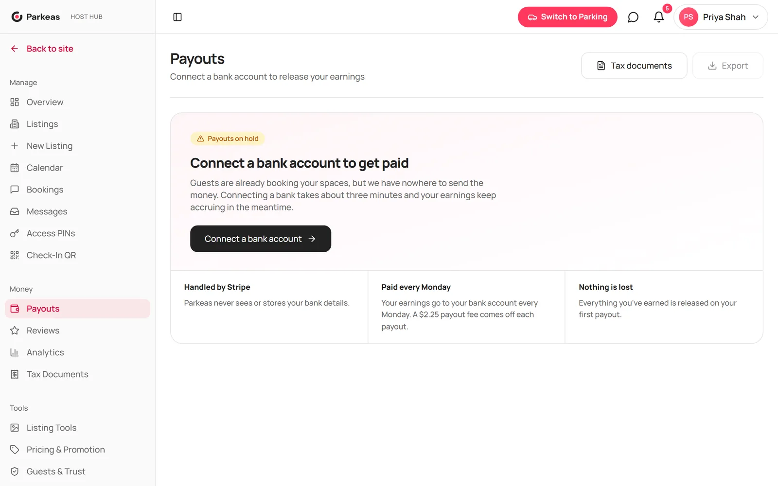 The Payouts page before a bank is connected, with the Connect a bank account button