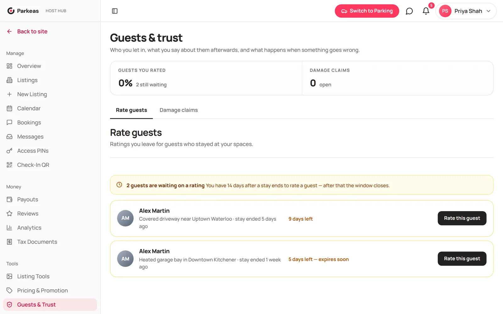 The Rate guests tab listing finished stays with days left to rate