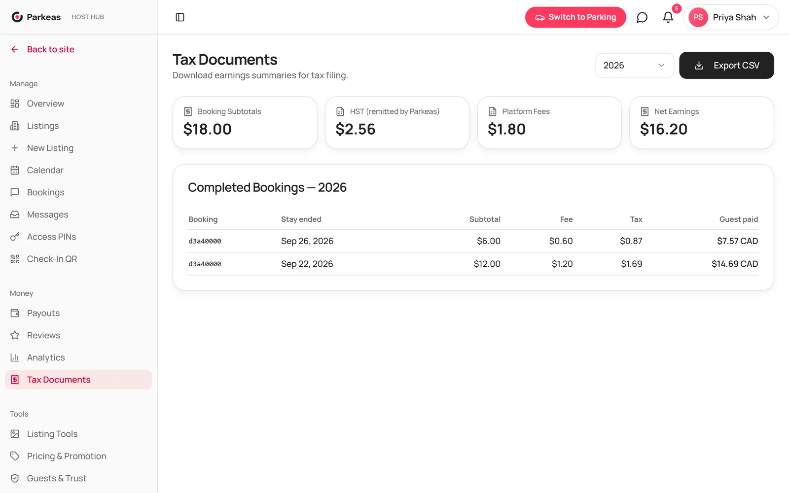 The Tax Documents page with yearly totals and the Export CSV button