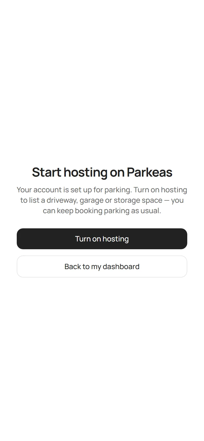 The Start hosting on Parkeas screen with the Turn on hosting button