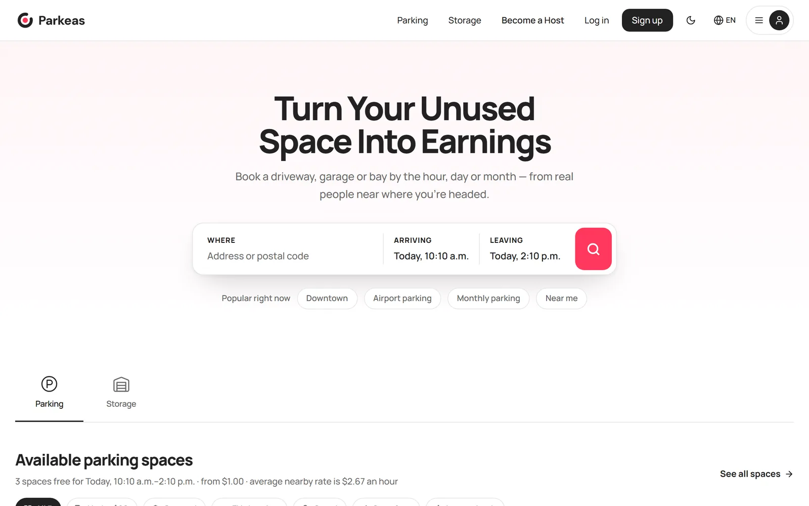 The Parkeas home page search bar with the Where, Arriving and Leaving fields