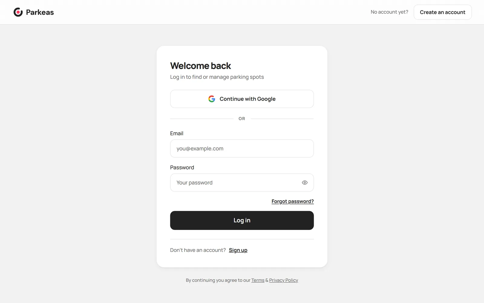 The Parkeas Log in page