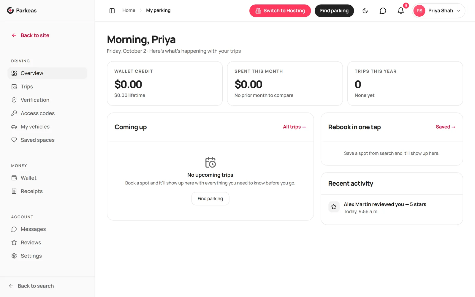 The Switch to Hosting button at the top of the guest dashboard